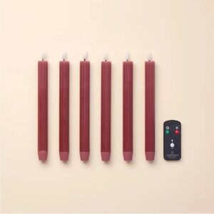 Hearth & Hand 6pk Ribbed Flameless LED Taper Candles Burgundy BRAND NEW w/Remote